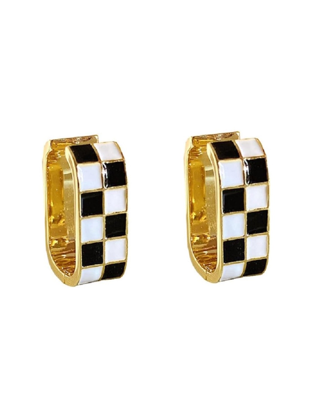 Gold Black and White Checkered Huggie Earrings